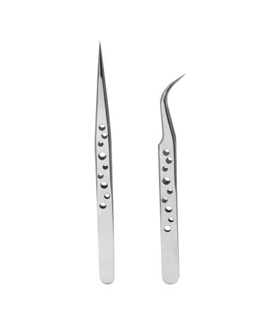 2 Pieces Pointed Tweezers Straight and Curve Tip Eyelash Tweezers Stainless Steel Fine Point Tweezers for Eyebrow Lash Facial Hair Removal