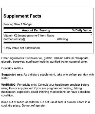 Swanson K2 200 mcg Softgels - Maximum Strength Real Food Supplement | 30 Softgels - Buy Online on GoSupps.com