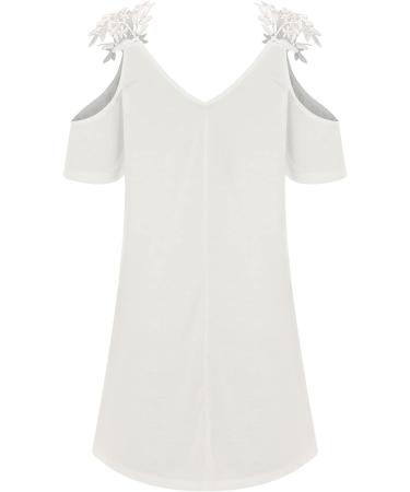 Women's White Feather Print Summer Dress with V Neck and Cold Shoulder - Size Large - Buy Online on GoSupps.com