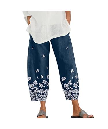 Womens Palazzo Pants Casual,Women's Casual Summer Capri Pants Cotton Linen Print Wide Leg Ankle Pants with Pockets T01-navy X-Large