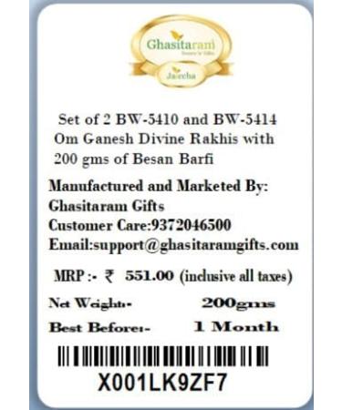 Ghasitaram Gifts Rakhi for Brother Rakhis Online - Set of 2 BW-5410 and BW-5414 Om Ganesh Divine Rakhis with 200 GMS of Besan Barfi - Buy Online on GoSupps.com