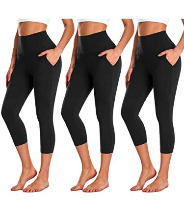NEW YOUNG 3 Pack Capri Leggings for Women with Pockets-High Waisted Tummy Control Black Workout Gym Yoga Pants Capri Large-X-Large Black/Black/Black