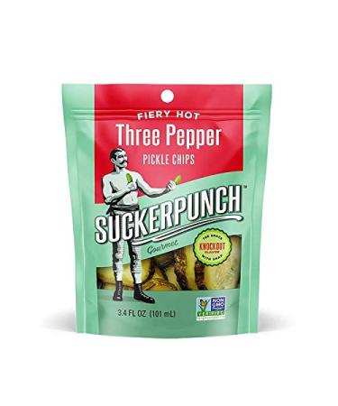 SuckerPunch | Fiery Heat 3-Pepper Chip-Cut | Pickle Pouch Snack Pack | 3.4oz Single-Serve (12 units) 3-Pepper Pickle Chips