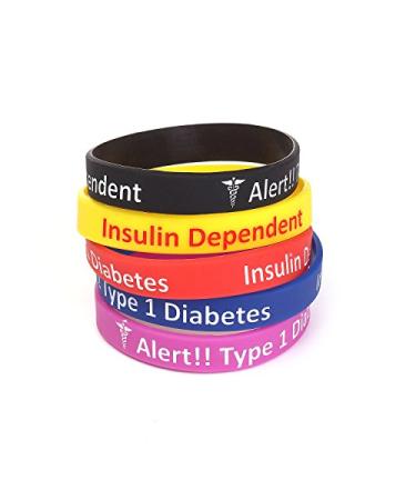 Silicone Medical Alert Bracelet Wristbands Engraved with Diabetes Insulin Dependent 5 Pack Multi-Color Type 1 Diabetes Insulin Dependent