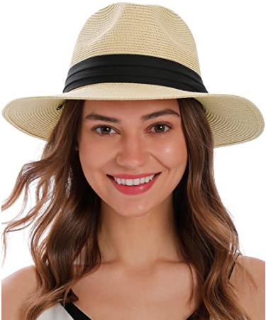 Simplicity Mens Women's Wide Brim Straw Panama Sun Hat Beige
