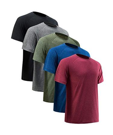 MCPORO Workout Shirts for Men Short Sleeve Quick Dry Athletic Gym Active T Shirt Moisture Wicking X-Large 5 Pack Black Dark Grey Dark Blue Army Green Wine Red