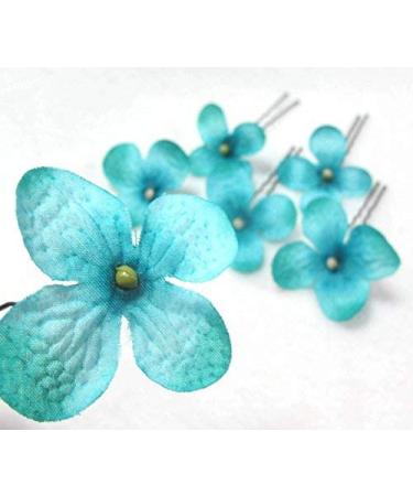 Small Turquoise Blue Hydrangea Cluster Hair Flowers- Set of 6