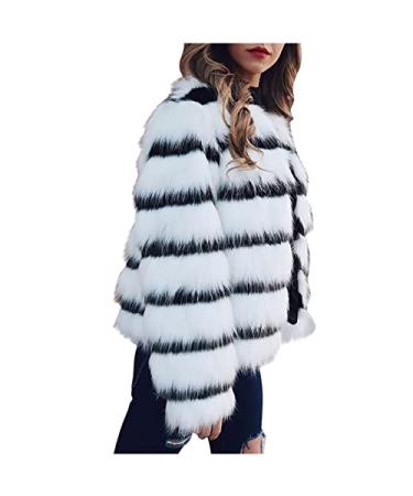 Women Elegant Cropped Faux Fur Coat Party Dresses Coat Black White Stripe Colorblock Winter Coat White X-Large