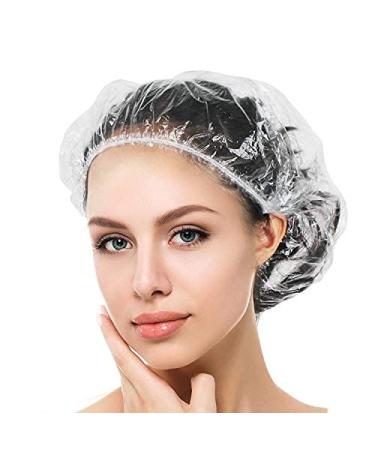 Auban 100PCS Disposable Shower Caps, Plastic Clear Hair Cap Large Thick Waterproof Bath Caps for Women, Hotel Travel Essentials Accessories Deep Conditioning Hair Care Cleaning Supplies(19.3