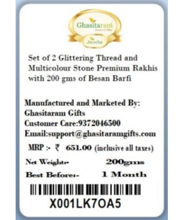 Ghasitaram Gifts Rakhi for Brother Rakhis Online - Set of 2 Glittering Thread and Multicolour Stone Premium Rakhis with 200 GMS of Besan Barfi - Buy Online on GoSupps.com