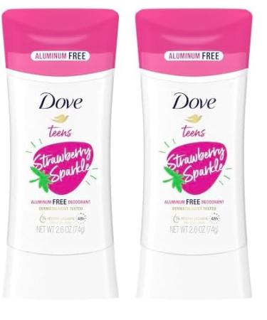 Dove Teens Deodorant Stick Strawberry Sparkle for gentle underarm care 48-hour odor protection and aluminum free deodorant 2.6 oz (Pack of 2)