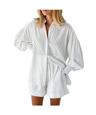 HAPCOPE Women's 2 Piece Outfits Oversized Long Puff Sleeve Blouse Shirt High Waisted Side Pocket Shorts Set X-Large White