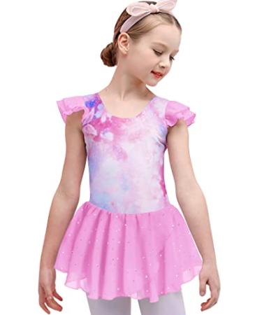 Boyoo Girls Ruffle Sleeve Ballet Leotard with Tutu Skirt Sparkle Ballet Dance Dress for 3-11 Years Pink Butterfly 8-9 Years