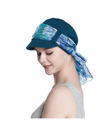 Breathable Bamboo Lined Cotton Hat and Scarf Set for Women Blue Floral