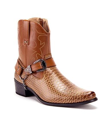 Jazame Men's Western Ankle High Cowboy Motorcycle Riding Pointy Toe Moto Dress Boots 7 Brown Snake