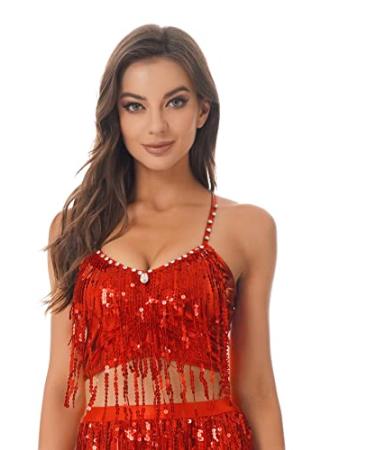 CHICTRY Women's Belly Dance Costume Sequin Shiny Bra Tassel Top Chacha Tango Dancewear Camisole Tops Red Medium