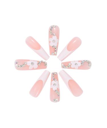 Brishow Pink Artificial Long French Press On Nails with Crystal Flower - 24 Ballerina Acrylic False Nails for Women & Girls - Buy Online on GoSupps.com