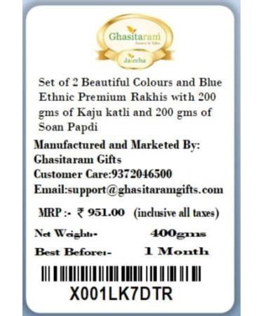 Ghasitaram Gifts Rakhi for Brother Rakhis Online - Set of 2 Beautiful Colours and Blue Ethnic Premium Rakhis with 200 GMS of Kaju katli and 200 GMS of Soan Papdi - Buy Online on GoSupps.com