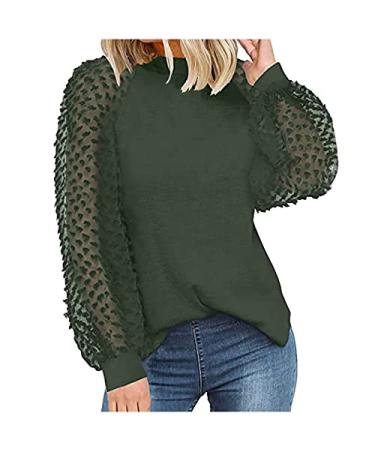 TUNUSKAT Womens Tops Fashion Jacquard Splicing Lantern Sleeve T-Shirt Pullover Casual Solid Crewneck Tees Blouse Large 01*green