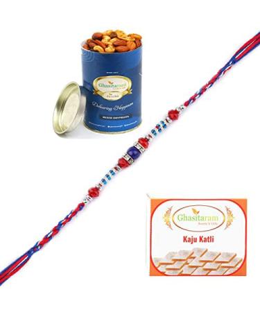 Ghasitaram Gifts Rakhi for Brother Rakhis Online- 6742 Fancy Thread Rakhi with 100 GMS of Dryfruits Mix Can 200 GMS of Kaju katli Rakhi & 100g Dryfruits Mix Can 200g Kaju katli