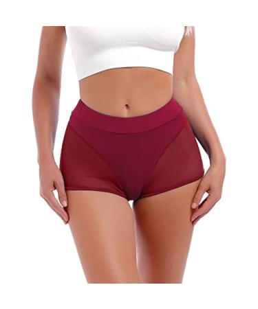Women High Waist Mesh Tulle Spliced Activewear Yoga Shorts Dance Bottoms Rave Booty Shorts Mini Hot Pants Medium Wine Red