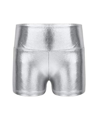 CHICTRY Kids Girls Metallic Shiny Stretch High Waisted Athletic Booty Dance Shorts Silver 10-12