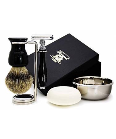 Classic Five Piece Razor Set in Midnight Black Color - Silberspitze Dachs Razor brush razor plane double holder stainless steel shell and soap - gift for him