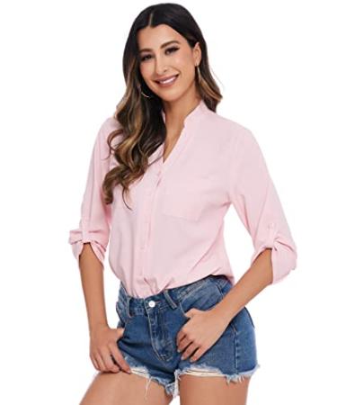 Pinspark Womens Button Down Shirts V Neck Long Sleeve Roll Up Basic Workwear Casual Dress Shirt Office Business Blouse S-XXL Pink Medium