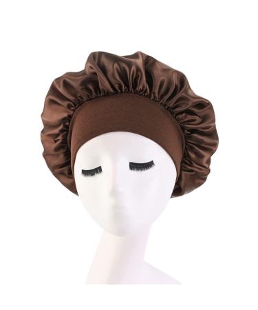 Hair Bonnet for Sleeping Wide Elastic Band Satin Bonnet Silk Bonnet Shower Cap for Women Girls Makeup Hair Care Elastic Hat Soft Sleep Cap Satin Head Cover for Night Sleep Curly Hair Protection Brown