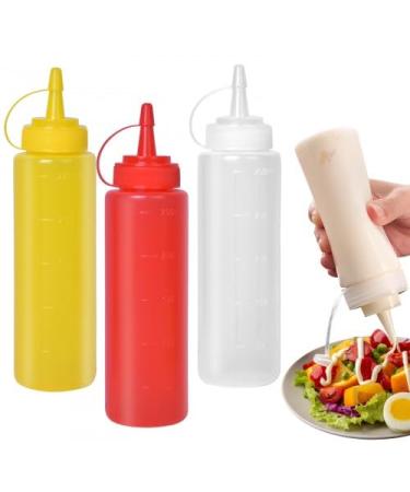 Cozlly Condiment Bottle, 3 Pcs Sauce Bottle with Cap, Squeeze Bottle 250 ML, for Condiments, Seasonings, Ketchup, Mustard, Mayo, Olive Oil (Red + White + Yellow)