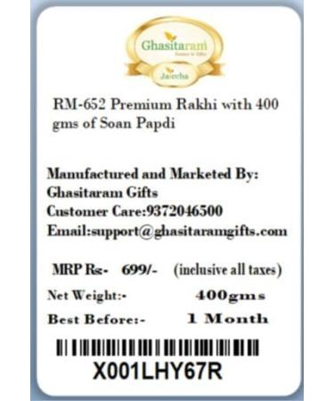Ghasitaram Gifts Rakhi for Brother Rakhis Online - RM-652 Premium Rakhi with 400 GMS of Soan Papdi - Buy Online on GoSupps.com