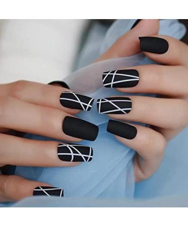 A N K 24 pieces Black false Nails medium length full coverage Glossy fake Artificial nails (Black Strip nail) Striped - Buy Online on GoSupps.com