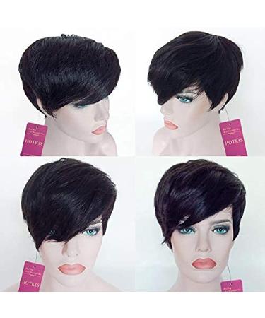 HOTKIS Short Human Hair Wigs for Black Women - Side Bangs Pixie Cut Short Hair Wig - Buy Online on GoSupps.com