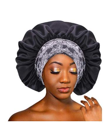 Satin Bonnet Silk Bonnet Sleep Cap for Women Adjustable Hair Bonnet Sleeping Night Sleep Hat for Women Black One Size