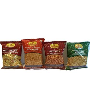 Indian Snacks : Khatta Meetha(150g) Aloo Bhujia (150g) Tasty Nuts (150g) Moong Dal (150g) - One Bag of Each of These Snacks by Haldirams