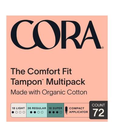 Cora Organic Applicator Tampons | Light/Regular/Super Absorbency | 100% Cotton Core Unscented BPA-Free Compact Applicator | Leak Protection Easy Insertion Non-Toxic | 72 Count