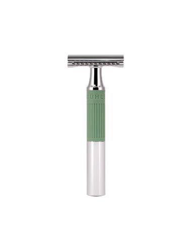 M HLE NEO safety razor|double edge safety razor for beginners and experienced shavers|sustainable eco-friendly and reusable|for men and women|chrome with sage green silicone grip handle