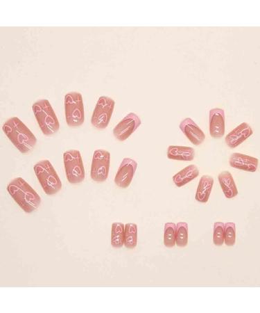 Foccna 24pcs French Tip Pink Fake Nails - LOVE Design Medium Square Glossy False Nail Tips for Women & Girls - Buy Online on GoSupps.com