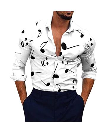 XXBR Men's Button Down Casual Shirts, Fall Turn-down Collar Music Note Print Hawaiian Shirt Long Sleeve Beach Shirts 014-white Medium