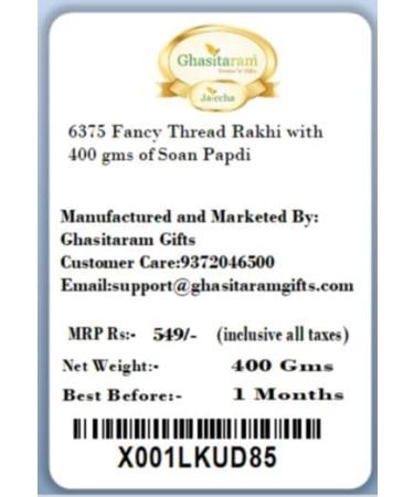 Ghasitaram Gifts Rakhi for Brother Rakhis Online - 6375 Fancy Thread Rakhi with 400 GMS of Soan Papdi - Buy Online on GoSupps.com