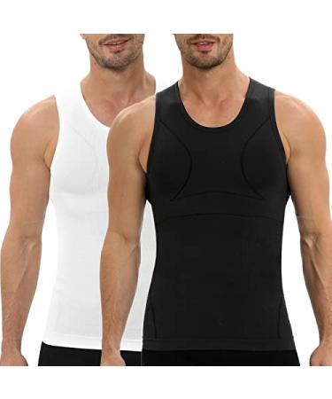 PODFAN Gynecomastia Mens Compression Shirt, Slimming Tank Top, Men Body Shaper Vest, Tummy Control Undershirts Large Black+white