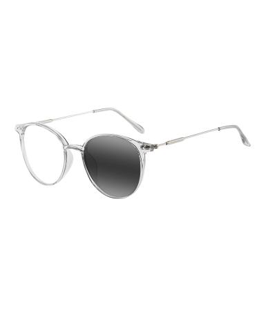 EFLAL Near Far Multifocal Progressive Men's Round 3 in One UV400 Varifocal Transition Photochromic Reading Glass 150 distance 350 reading Transparent Gray