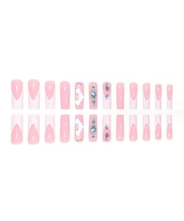 Foccna Extra Long White Press-On Nails | French Square Fake Nails with Crystal Flowers | 24PCS Acrylic Full Cover Nail Tips for Women & Girls - Buy Online on GoSupps.com