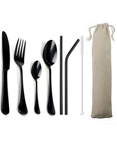 Kitchen Silverware Cutlery Set Shiny Stainless Steel 4Pcs Flatware Set for 1 Restaurant Tableware Dinnerware Black Utensil Set Steak Knife Set Spoon/Fork/Teaspoon/Straws/Brush/Bag 1 Black 4pcs/Set