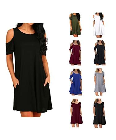 Maqroz Women's Cold Shoulder Casual T-Shirt Swing Dress with Pockets Summer Plain Dress Short Sleeve Loose Dresses 01*black XX-Large