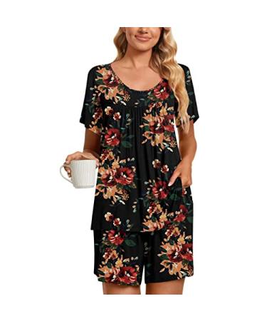 Two Piece Outfits for Women Summer Tops Casual Short Sleeve Shirts Pleated Tunic Top Floral Graphic Shorts Workout Sets E-red Medium