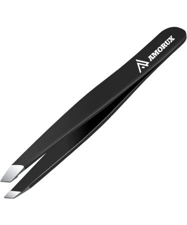 Amorux tweezers for face hair women & men professional stainless steel black color coated precision tweezers slope & tip eyebrow tweezers for ingrown hair tweezers