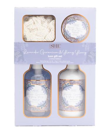 She Aromatherapy Lavender Geranium & Ylang Ylang Limited Edition Luxe gift set with 3.88 oz body scrub ramie sponge 8.45 oz body lotion and 8.45 oz shower gel