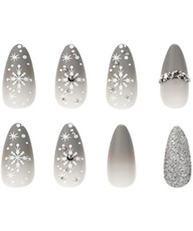 SINLOV Christmas Snowflakes Almond False Nails French Crystal Fake Nails Matte Press on Nails Ballerina Acrylic Full Cover Fake Nails for Women and Girls - Buy Online on GoSupps.com