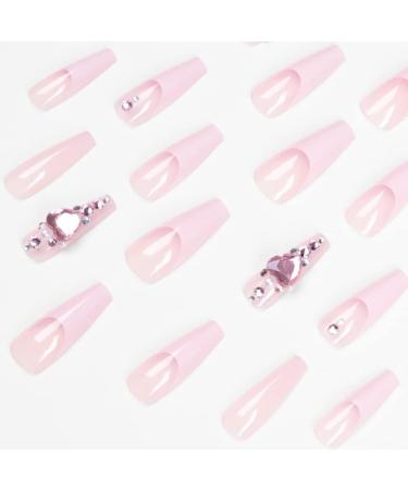 VOTACOS Long Coffin Press on Nails - Pink False Nails with Glitter Heart Design for Women | D1 Glitter Gem - Buy Online on GoSupps.com